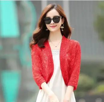 Red Carol Diaries Women Plus Size Cardigan Autumn Coat Half Sleeve Elegant Lace Mesh Shrug Crochet Blusas Top Thin Outwear 5 Colors - Цвет: Red
