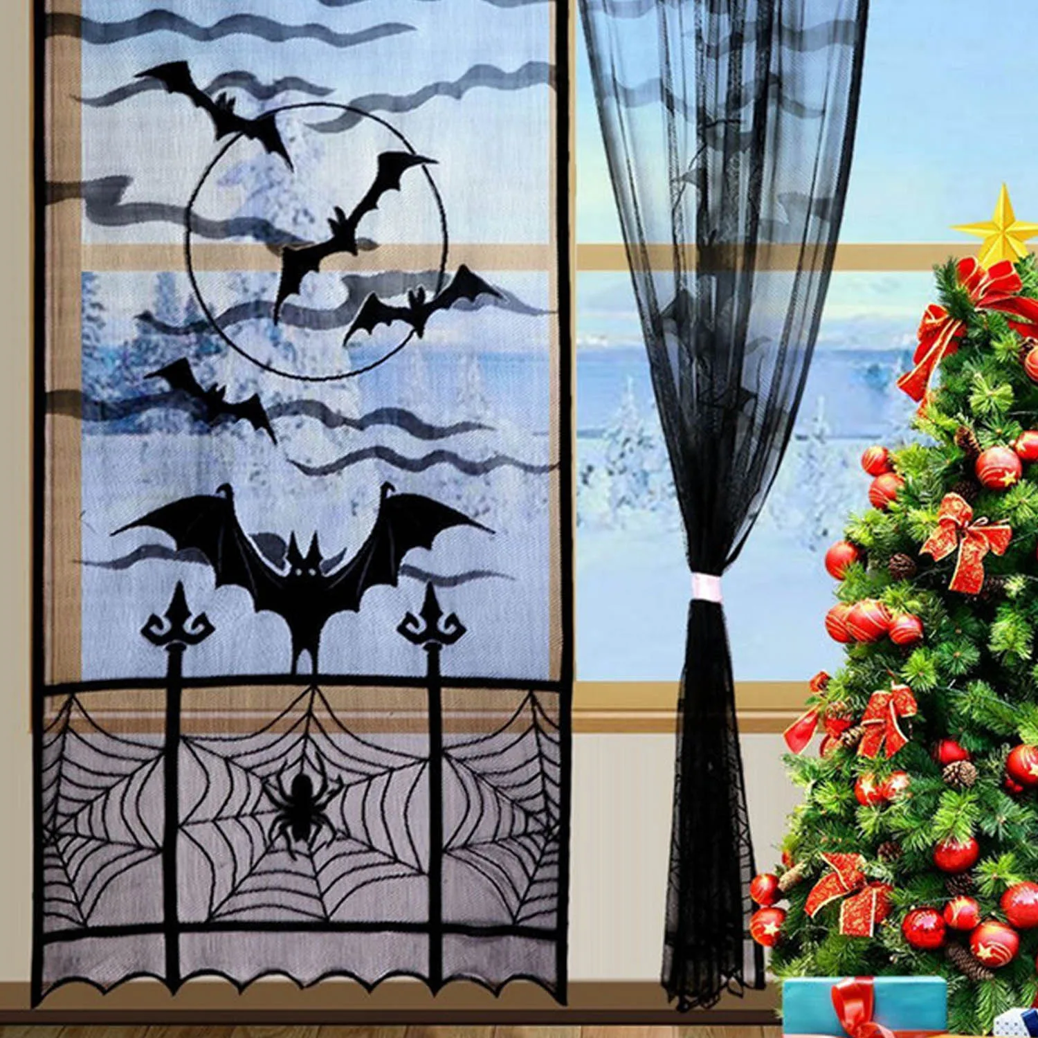 Behogar Хеллоуина черного кружева паутина летучей мыши двери и окна занавески для