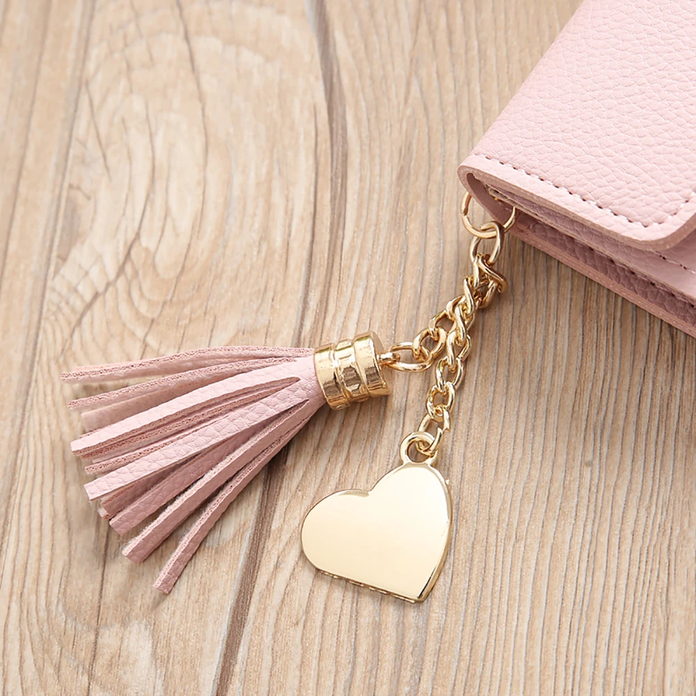

Fashion Women Faux Leather Long Wallet Card Slot Tassel Heart Charm Purse Clutch
