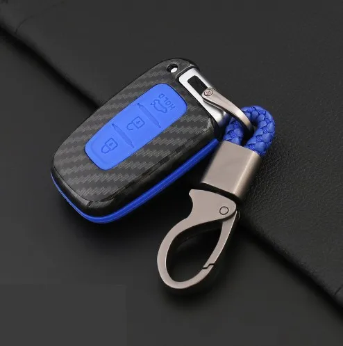 

Carbon Fiber car key case cover fob key holder with key chain For Hyundai I20 I30 IX35 Solaris Veloster Kia K2 K5 Rio Sportage