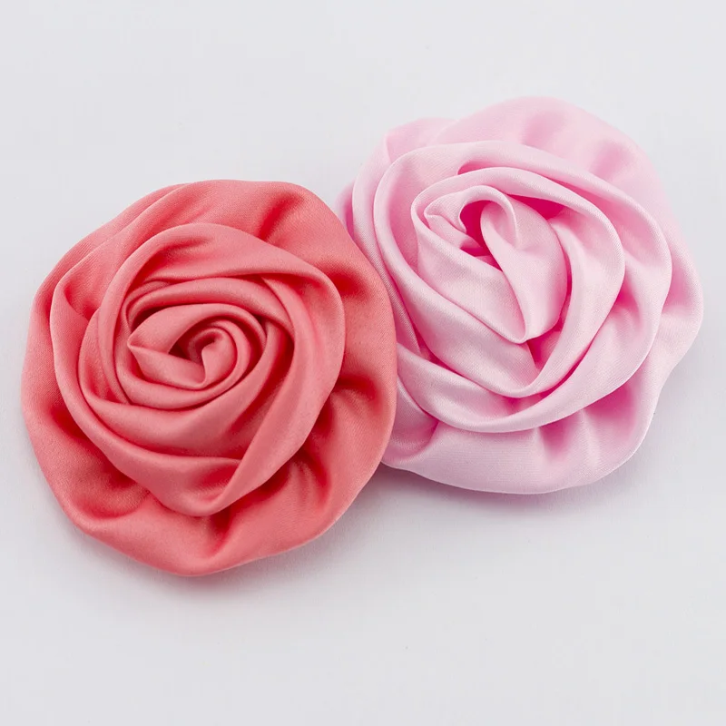 24pcs/lot Pink satin rose Hand rolled flowers matte flower hair accessories for girl headband | Детская одежда и обувь