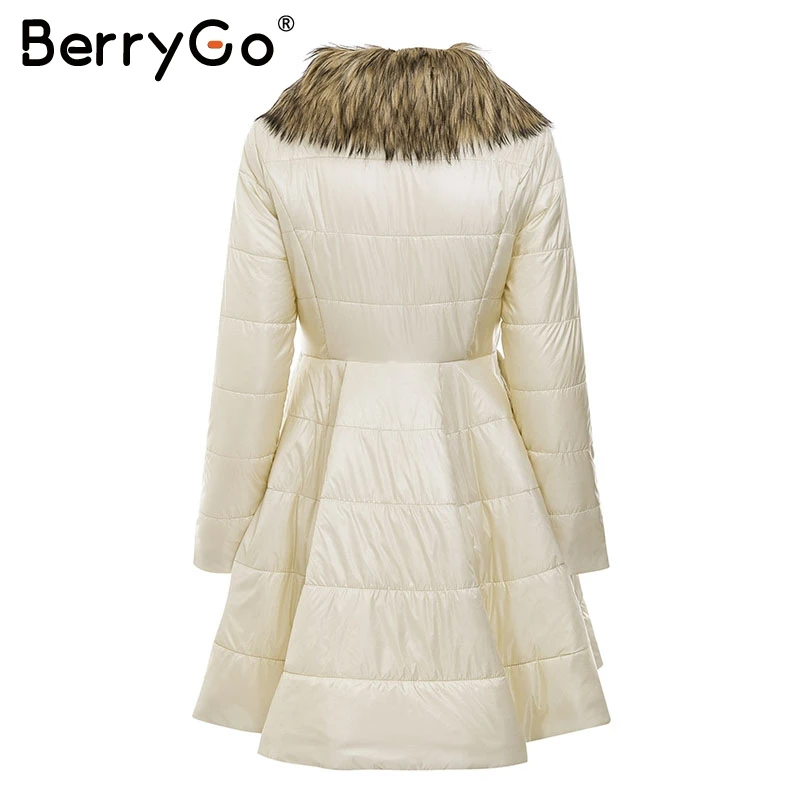 BerryGo, элегантное женское пальто с подкладкой, с меховым воротником, парка, зима, на молнии, с карманами, однотонная атласная верхняя одежда, пальто