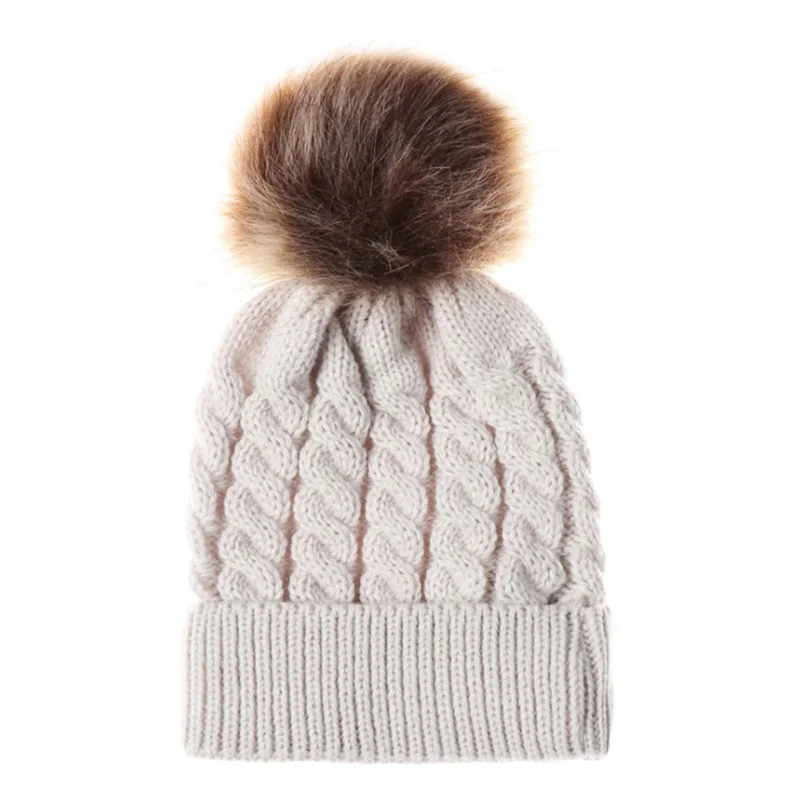 Style 2 ivory Теплая шапка для младенца из искусственного меха, шапки с помпоном для девочек, детская вязаная шапка на зиму и весну, одноцветная шапка - Цвет: Style 2 ivory