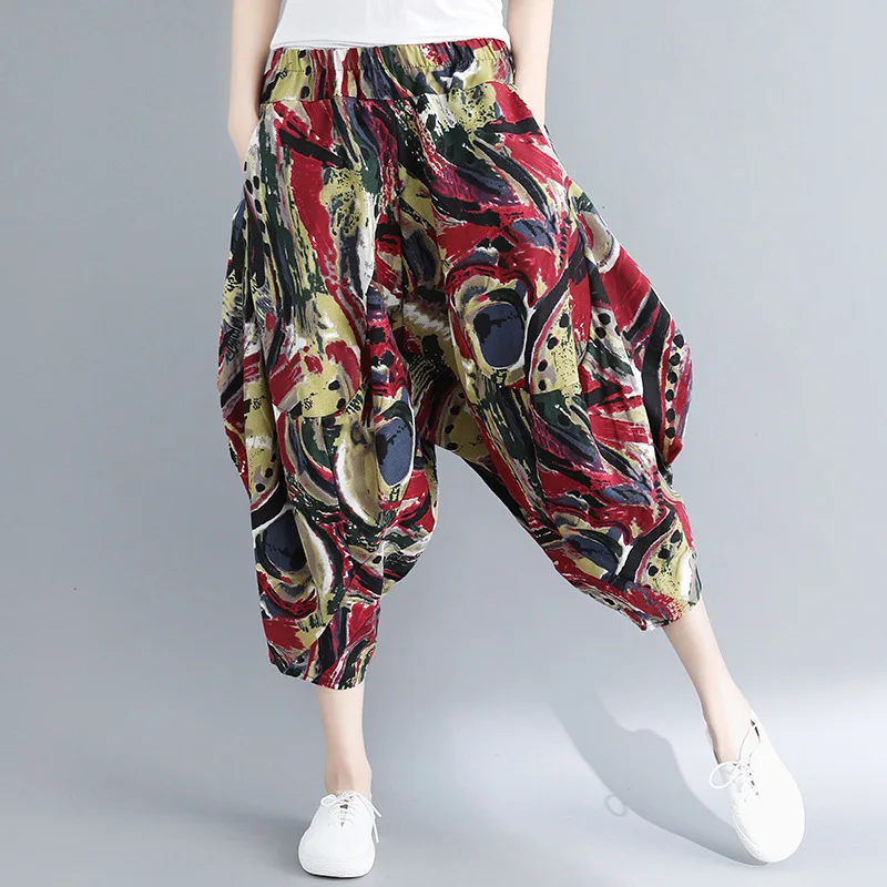 Летние брюки женские Инди народные свободные укороченные широкие с принтом