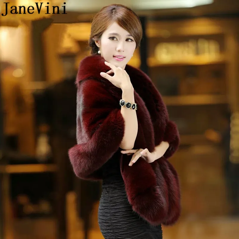 JaneVini 165*55 cm Plus Size Fur Capes for Women Wrap Burgundy Bridal Shawls White Black Faux Fur Wedding Jackets Shrugs Boleros