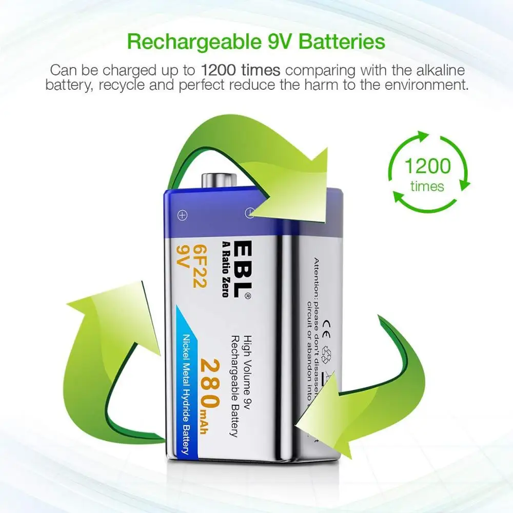 EBL 2 Упак. 280mAh Высокая емкость 9V 6F22 перезаряжаемые батареи [Домашняя Базовая Серия]