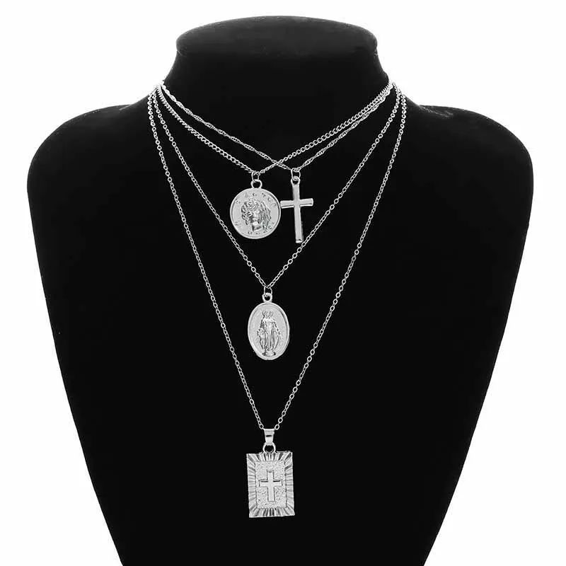 Vintage Women Personality Coin Choker Necklace Multi layer Jesus Cross Pendant Chain Long Femme Collier Chocker NL244 | Украшения и