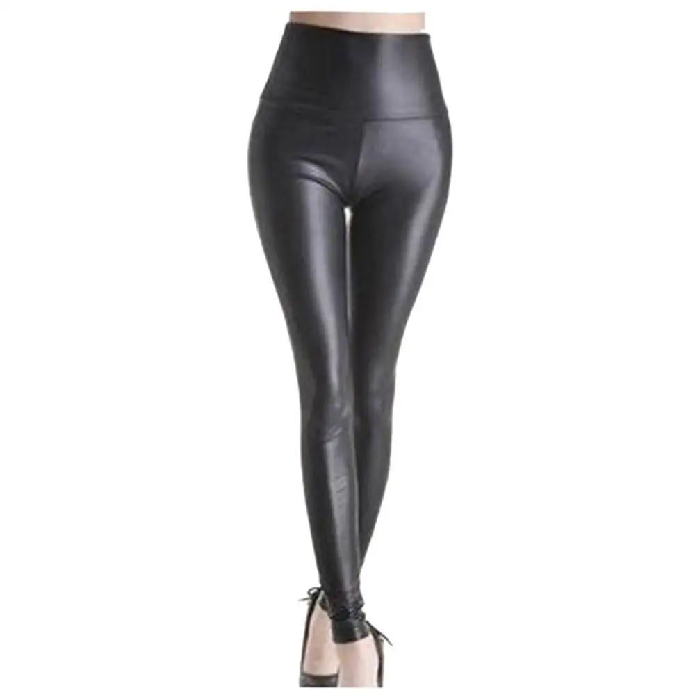 Блестящий металлический Высокая талия черный Эластичный кожаные