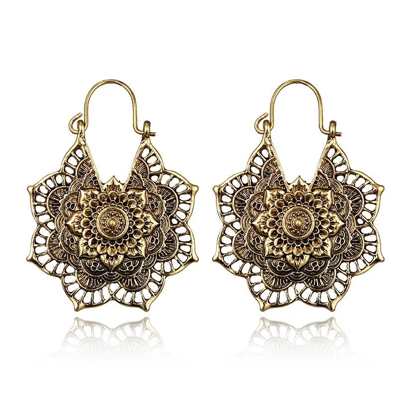 DIEZI Vintage Mandala Flower Drop Dangle Earring for Women Girl Tribal Hollow Floral Gold Silver Pendant Earrings Jewelry | Украшения и