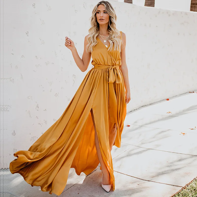 Модное женское платье с V образным вырезом весна лето 2019 платья Макси без рукавов