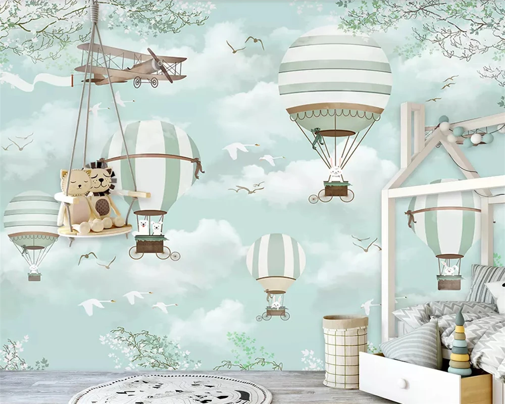 

beibehang Large Custom Wallpaper Mural Cartoon hot air balloon aircraft Blue sky Hand Painted Cartoon Kids 3d wallpaper