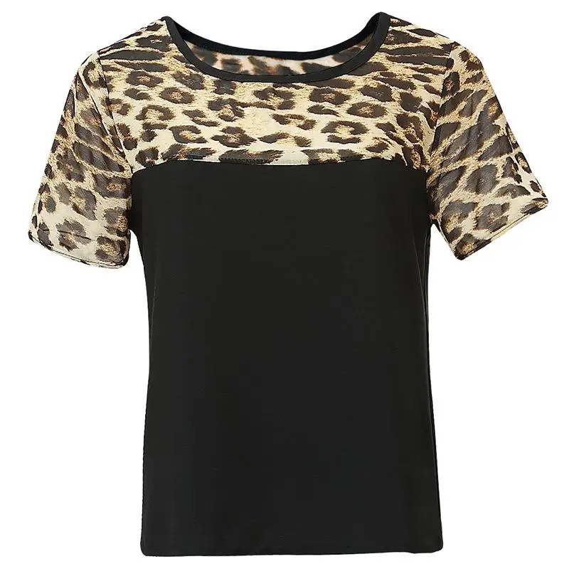 2016 Лето Женщины Повседневная Clothing Leopard Печати Лоскутная Шифон Топы Tee Shirt blusas feminina
