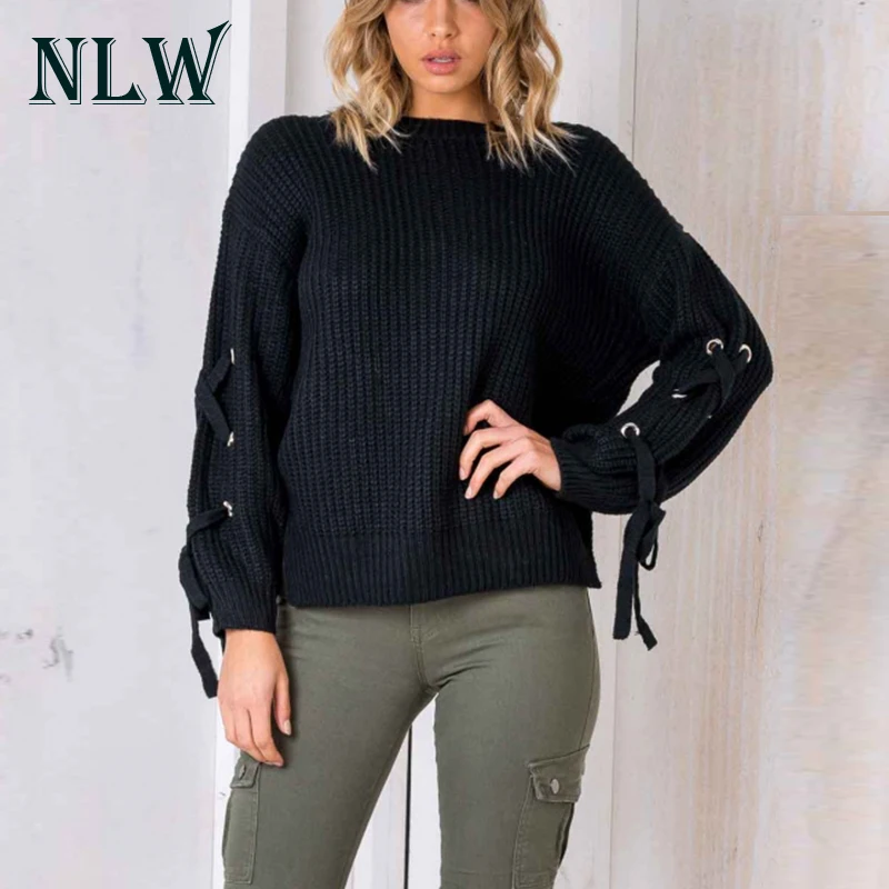 NLW Lace Up Long Sleeve Grey Women Sweaters O Neck Knitted Pullovers Casual Black Jumpers 2017 Autumn Winter Warm Sweater Jumper | Женская