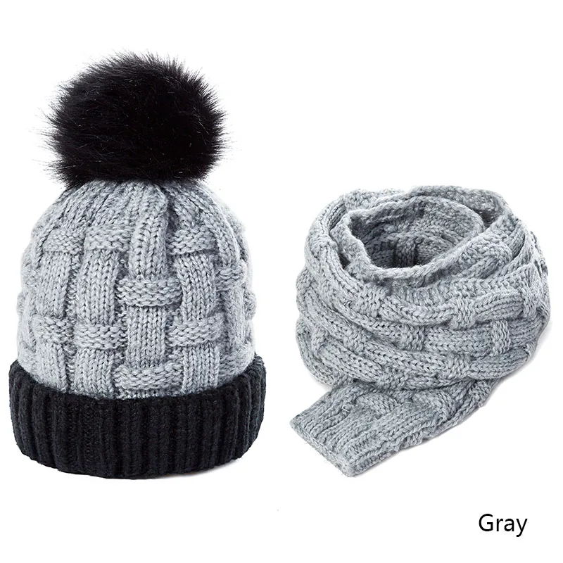 Gray REAKIDS, зимняя детская шапка с шарфом, теплые плюшевые хлопковые вязанные шарф и шапка для девочек и мальчиков, зимний помпон, Детский набор из шапки и шарфа - Цвет: Gray