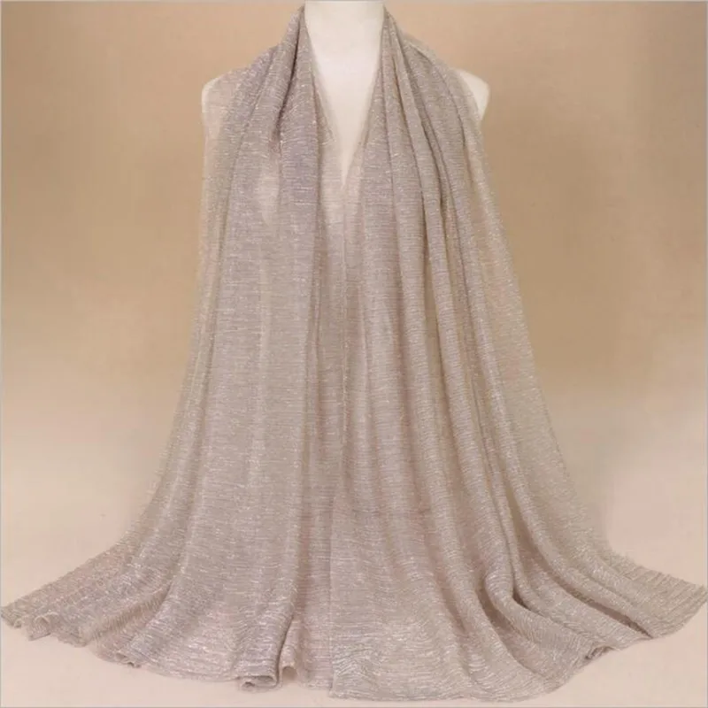 Khaki Мусульманский женский хиджаб с люрексом, блестящие шарфы, простая складка, Блестящий эластичный длинный модный шарф, шали - Цвет: Khaki