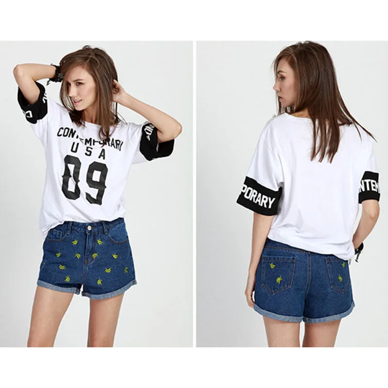 Джинсовые шорты женские летние джинсовые с вышивкой банана 2017 повседневные на