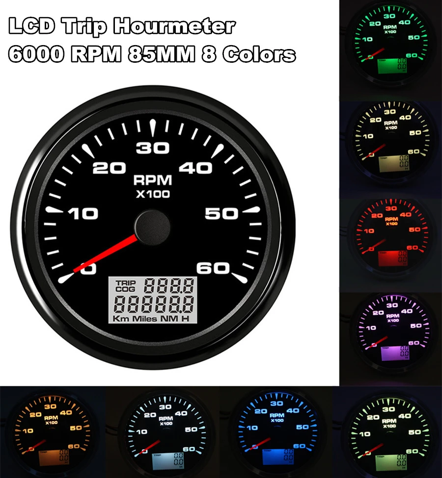 

85mm Digital Tachometer 6K RPM Vessel tacho Gauge with Hourmeter Truck Car Boat Auto Rev Counter with 8 color Backlight