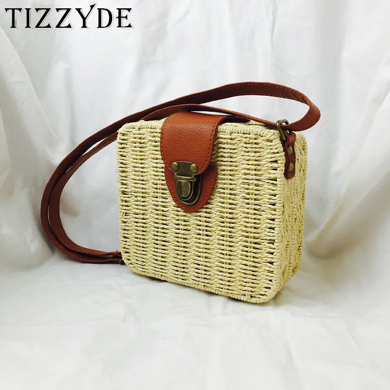 Соломенная квадратная сумка через плечо женская пляжная летняя простая плетеная