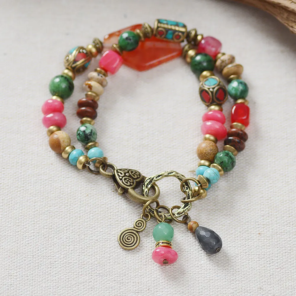 Богемия натуральный камень ручной работы браслет с элегантным бронзовым сердцем