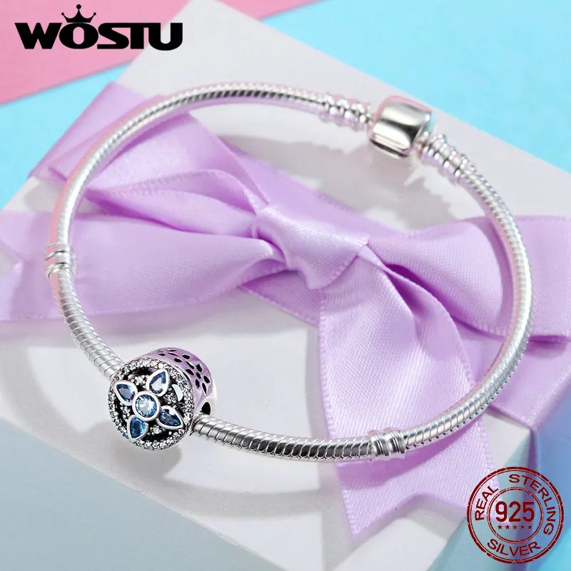 WOSTU подлинный 925 пробы Серебряный кристаллизованный цветок, синий CZ Бусины Подходят Шарм Браслеты бренд ювелирные изделия подарок CQC385