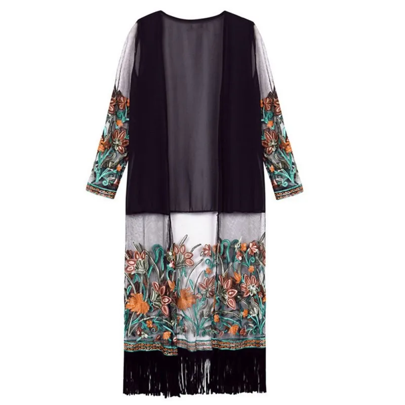 Вышитый цветочный ретро длинный кардиган кимоно в этническом стиле шифоновая
