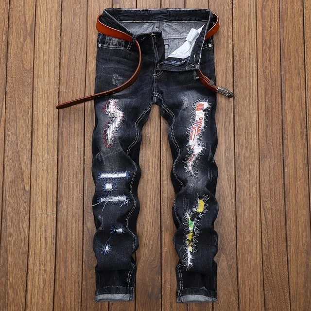 Мужские джинсы высокого качества с декоративной вставкой прямые модные брюки