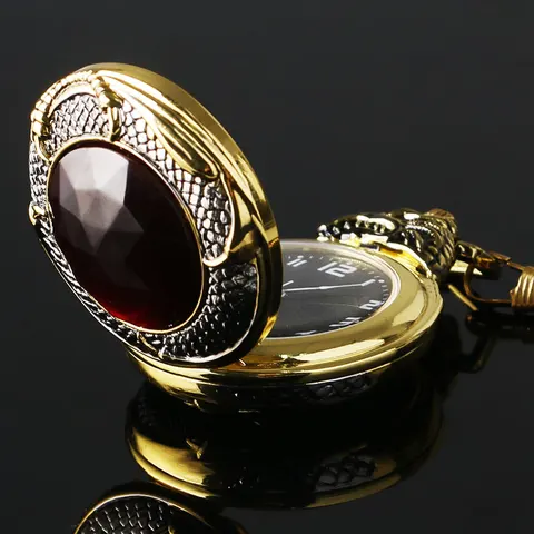 Винтажные золотые карманные часы, мужские новые золотистые наручные часы с золотистым драконом, большой красный кристалл, ретро, красный гранат, вставки, роскошное ожерелье, часы в подарок