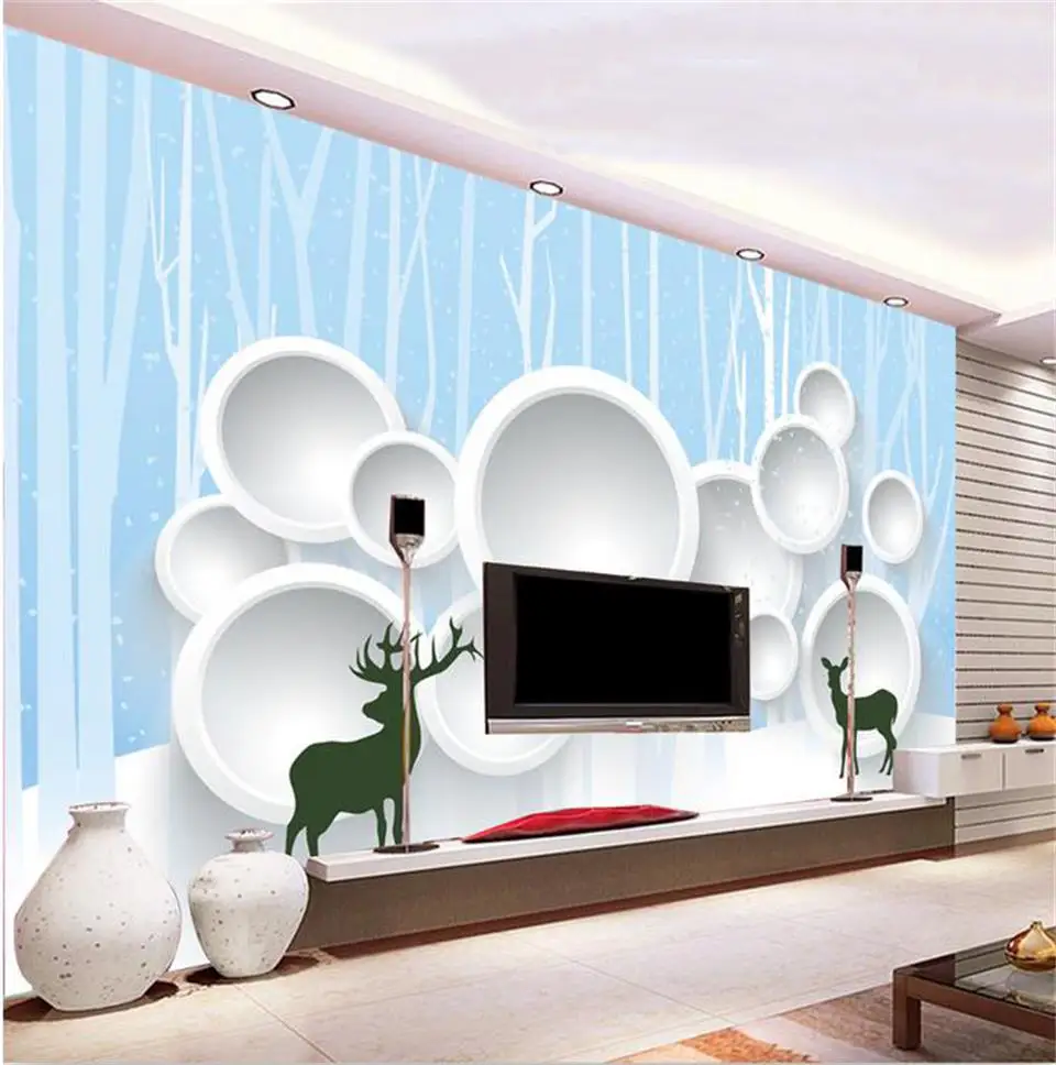 Пользовательские 3d фото обои Гостиная росписи 3D круг снег дерево олень картина