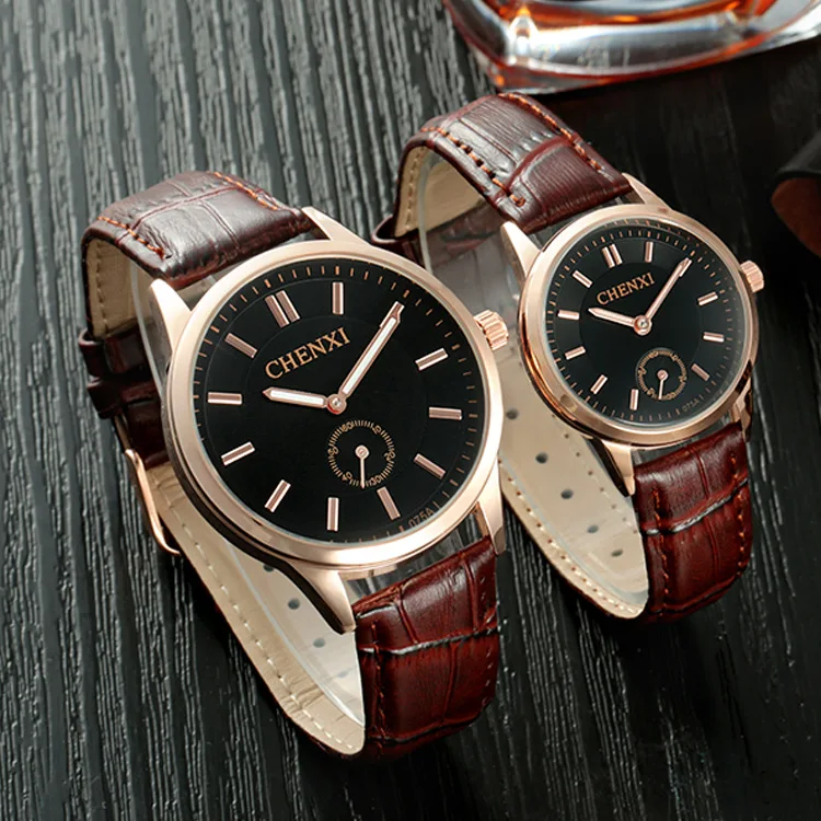Часы Chenxi мужские модные роскошные часы с кожаным ремешком золотые для влюбленных