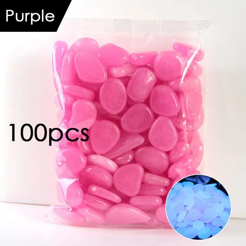 Purple 100 шт./лот, товары для сада, камень светится в темноте, светящиеся камни с галькой для дорожки, украшения для аквариума - Цвет: Purple
