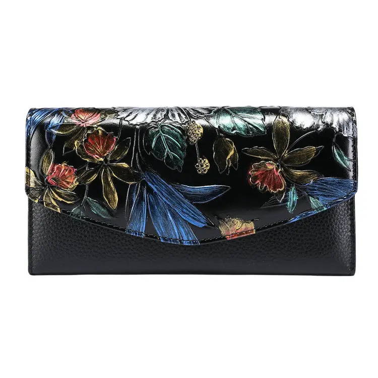 flower Itslife женский Винтажный Длинный кошелек с принтом, натуральная кожа, клатч на цепочке, Воловья кожа, кошелек на кнопках, кошелек, чехол держатель для карт - Цвет: flower