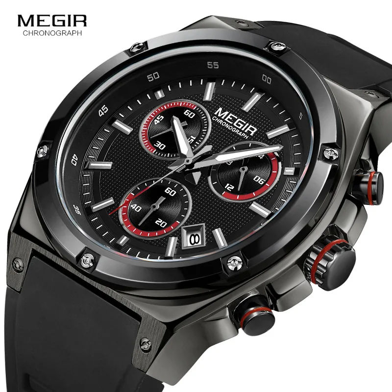 

Megir Sports Quartz Watches Men Black Silicone Army Chronograph Wrist Watch Man Relogios Masculino Top Brand Clock 2073G-BK-1