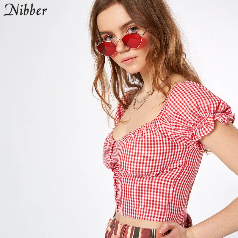 Красный Nibber High street Повседневные хлопковые клетчатые Короткие топы женские футболки летние элегантные офисные футболки с открытыми плечами с коротким рукавом - Цвет: Красный