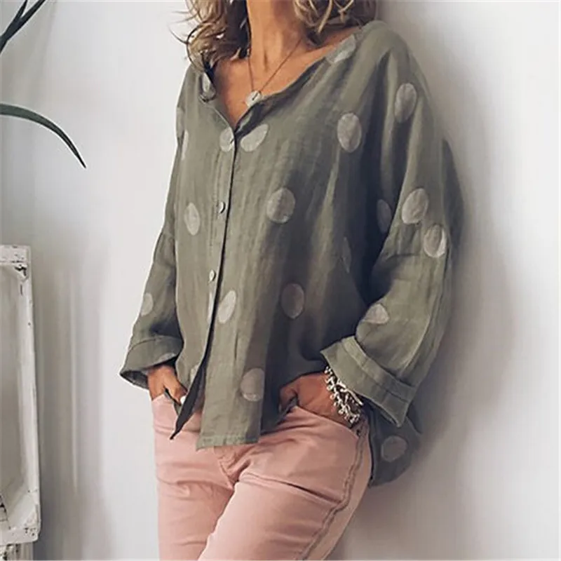 

Women Ladies Long Sleeve Summer Dot Cotton linen V Neck Top Blouse Loose Baggy Tops Plus Size