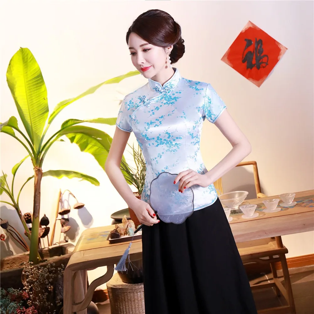Шанхай история короткие Cheongsam Топ Традиционный китайский искусственный шелк/Атласный топ Дракон и Феникс Вышивка Блузка Топ Qipao рубашка