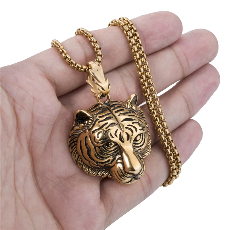 Мужская цепочка Elfasio из нержавеющей стали с подвеской в виде тигра золотого и