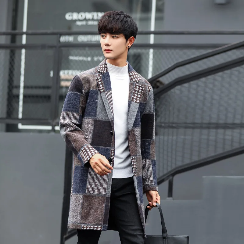 Brown Осенние и зимние мужские куртки и пальто Casaco Masculino, клетчатое пальто, мужское шерстяное пальто в Корейском стиле, мужская верхняя одежда - Цвет: Brown