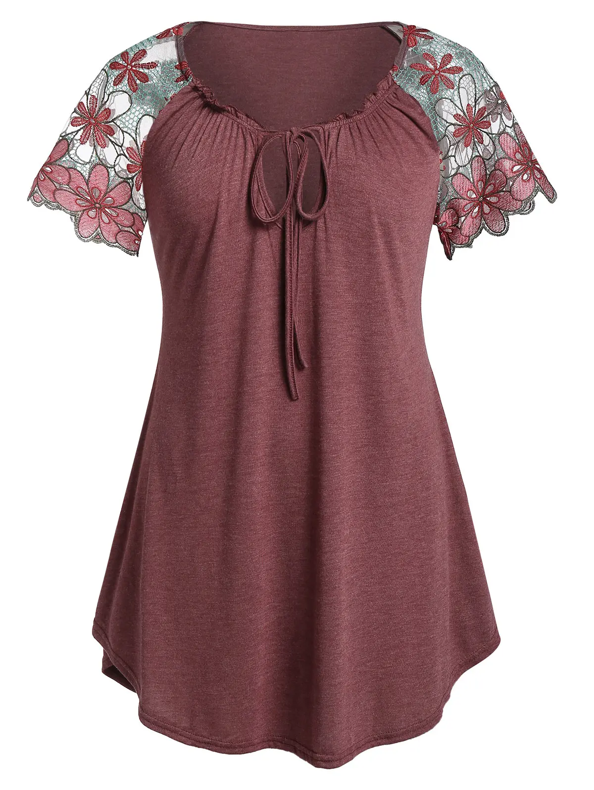 Red Wine ROSE GAL Женские футболки Летние топы женские L-5XL Плюс размер зашнуровать длинную футболку с вырезом из туники футболка - Цвет: Red Wine