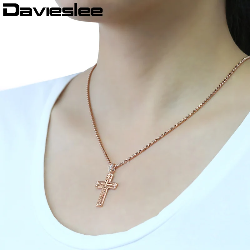 Davieslee крест кулон Цепочки и ожерелья для Для женщин 585 Rose Gold Filled Ясно Стразы Иисус