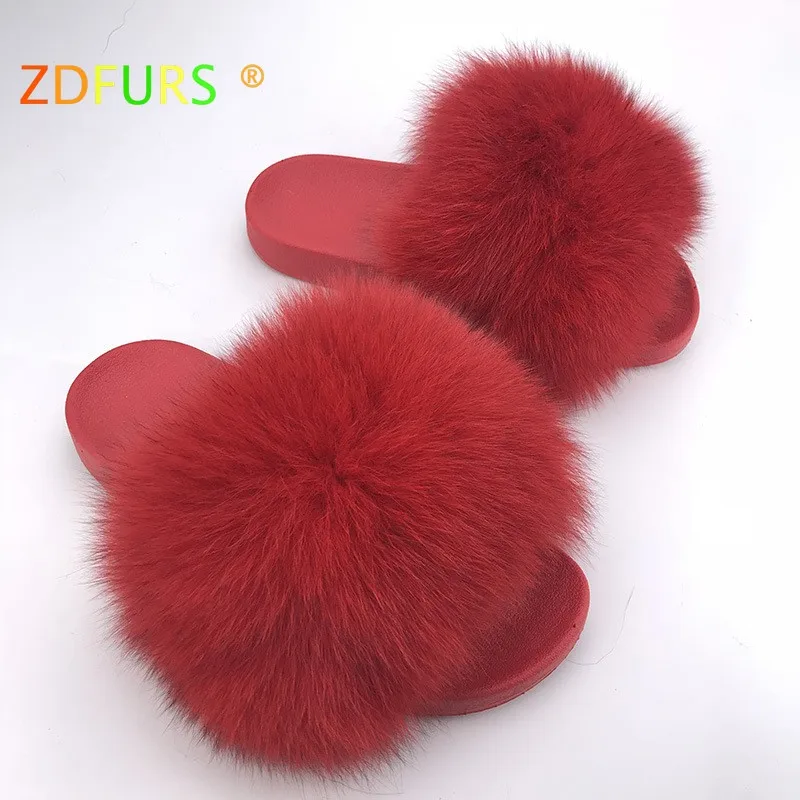 red color of fox fur ZDFURS*/красные женские шлепанцы с мехом енота; пушистые модные домашние Летние вьетнамки с мехом лисы; большие размеры - Цвет: red color of fox fur