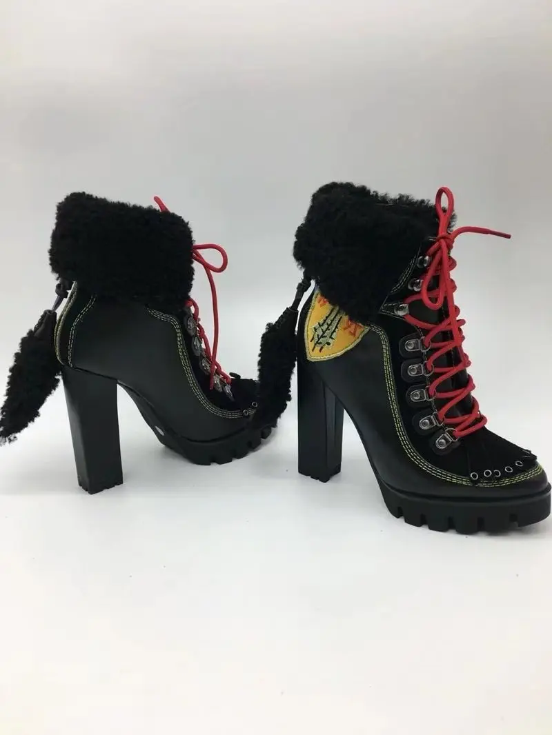 Зимние женские мотоциклетные сапоги на платформе и высоком каблуке 12 см; Botas Mujer; лоскутные шерстяные зимние сапоги с бахромой; ботильоны для женщин
