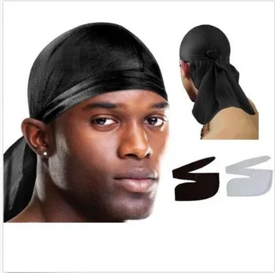 Satin men Stretchy Cap Hip Hop Du Doo Rag Durag Wigs Turban Bandana Headwear Solid Color long Hat Tie Down tail Hair Accessories