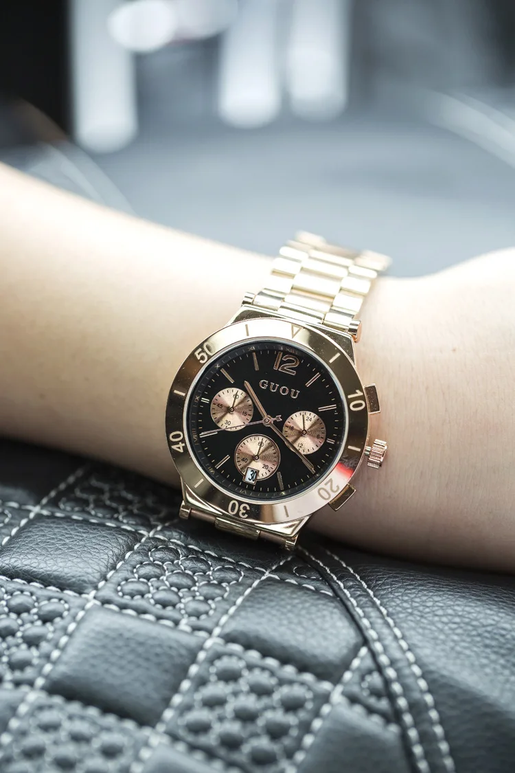 Fashion Good Quality GUOU Brand Stainless steel watchband multifunctional Casual ladies watch calendar Luxury Gold Wristwatches | Наручные