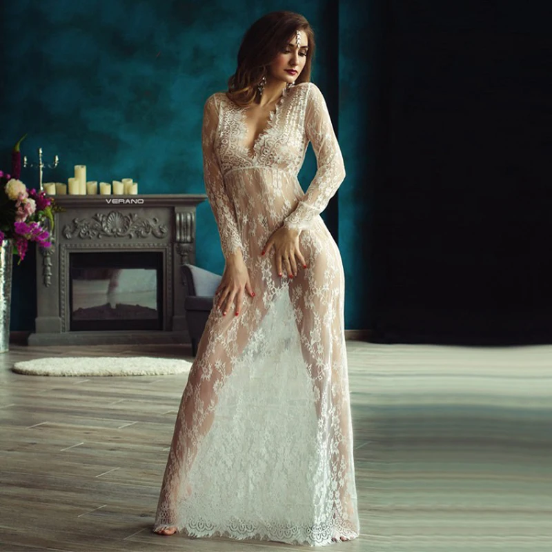 Women Lace Dress Sexy Deep V-neck Long-sleeved Perspective Tight-fitting Trailing Maxi Evening Party Large Size | Женская одежда