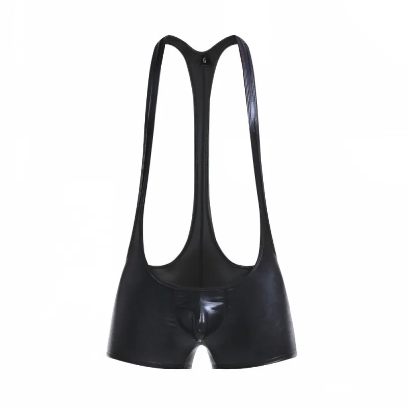 

Sexy Men Undershirt Faux Leather PU Wrestling Singlet Jumpsuit Suspender Teddies Underwear One-Piece Bodysuit Black