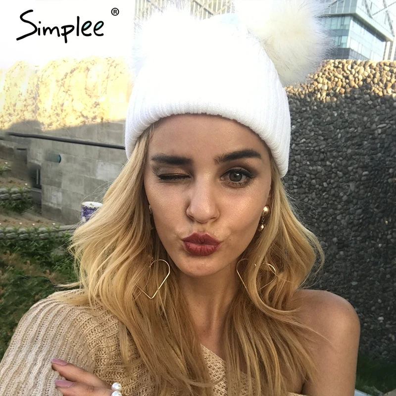 Женская меховая черная вязаная шапка Simplee,осень-зима, женские маски и шапочки, элегантная повседневная теплая уличная шапка с помпоном