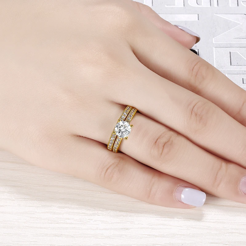 AINUOSHI 14 K массивная, желтая, Золотая наборы свадебных колец 1 ct круглая огранка SONA, имитация бриллиантов сверкающие Bague женские наборы обручальных колец