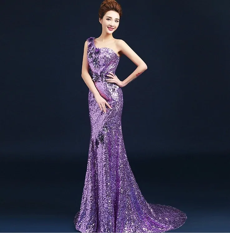 

Free shipping Purple One-shoulder Gown Formal Long Evening dresses robe de soiree abiti da sera vestido de festa longo TK1458