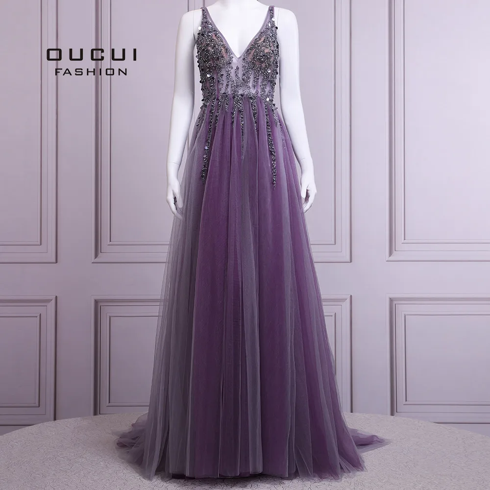 gray eggplant Oucui Настоящее фото, бальное платье Спагетти ремень Иллюзия длинное вечернее платье ручная работа бисером Глубокий v-образный вырез Выпускные платья OL103012 - Цвет: gray eggplant