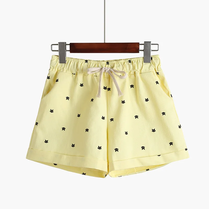 Yellow DANJEANER летние женские домашние повседневные хлопковые шорты с эластичной резинкой на талии шорты с принтом кота для самообработки шорты ярких цветов - Цвет: Yellow